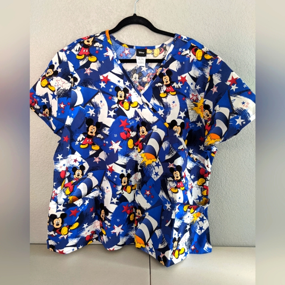 Disney Festive Mickey Mouse Scrub Top Medical Office Uniform Patriotic Costume